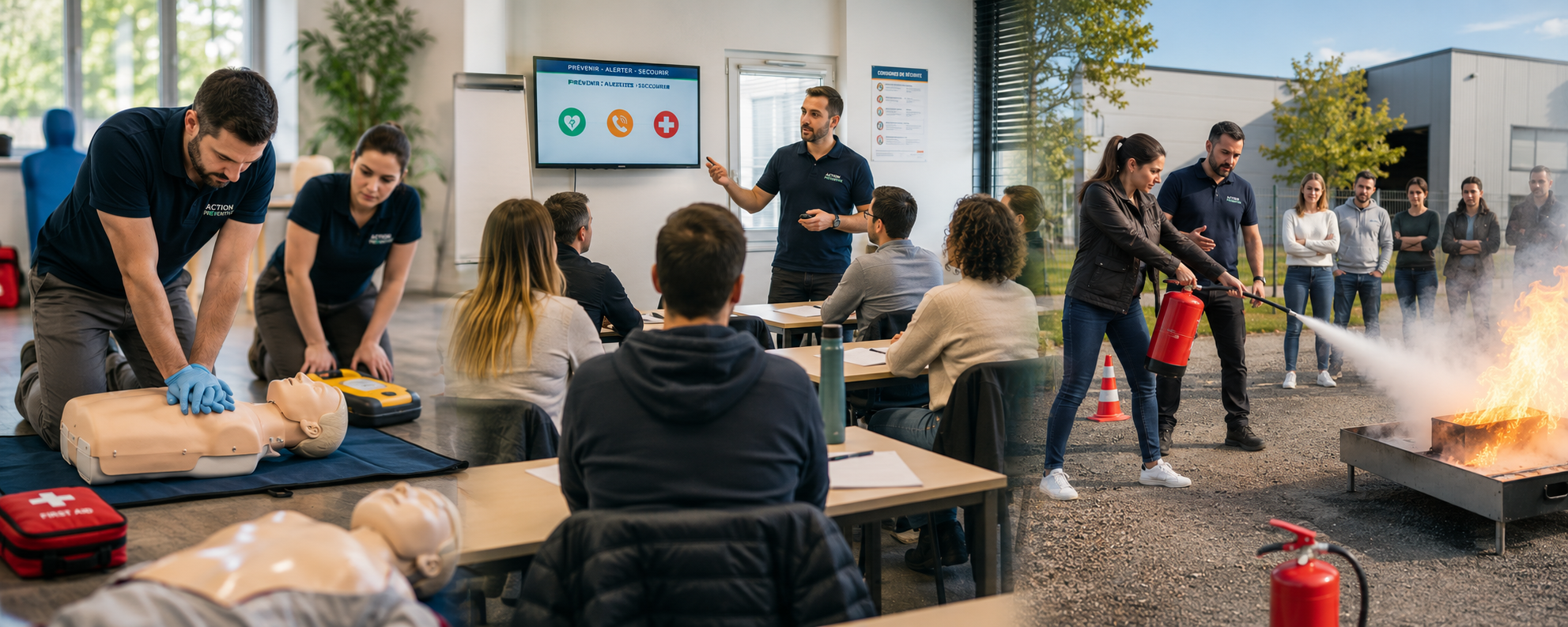 Formation sécurité au travail en entreprise : secourisme SST, prévention incendie et gestes de premiers secours animés par Action Préventive.